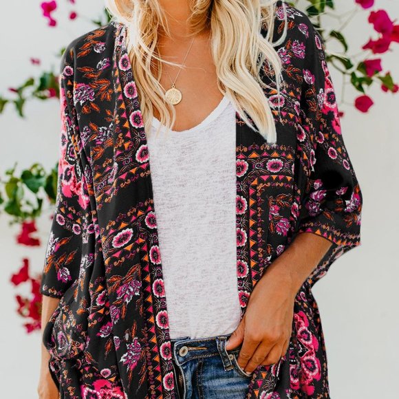 Black Floral Kimono Cover Up - Picture 1 of 5
